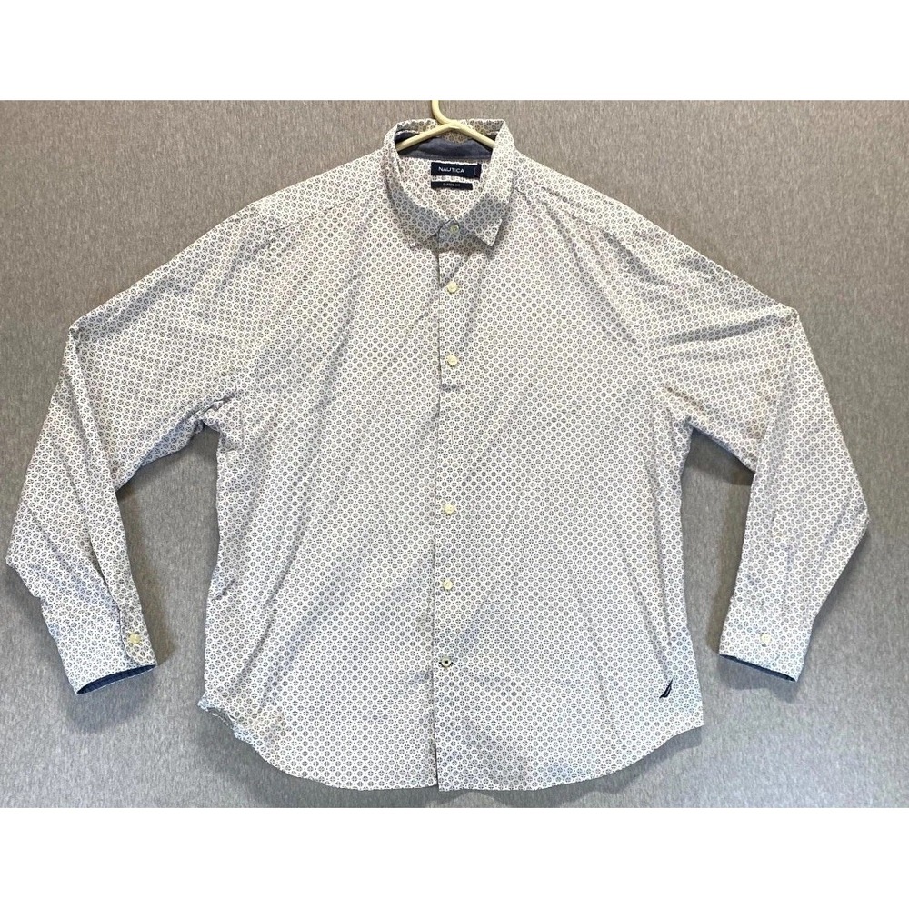 Nautica Shirt Men XL White Geometric All Over Print Cotton Classic Fit Button Up